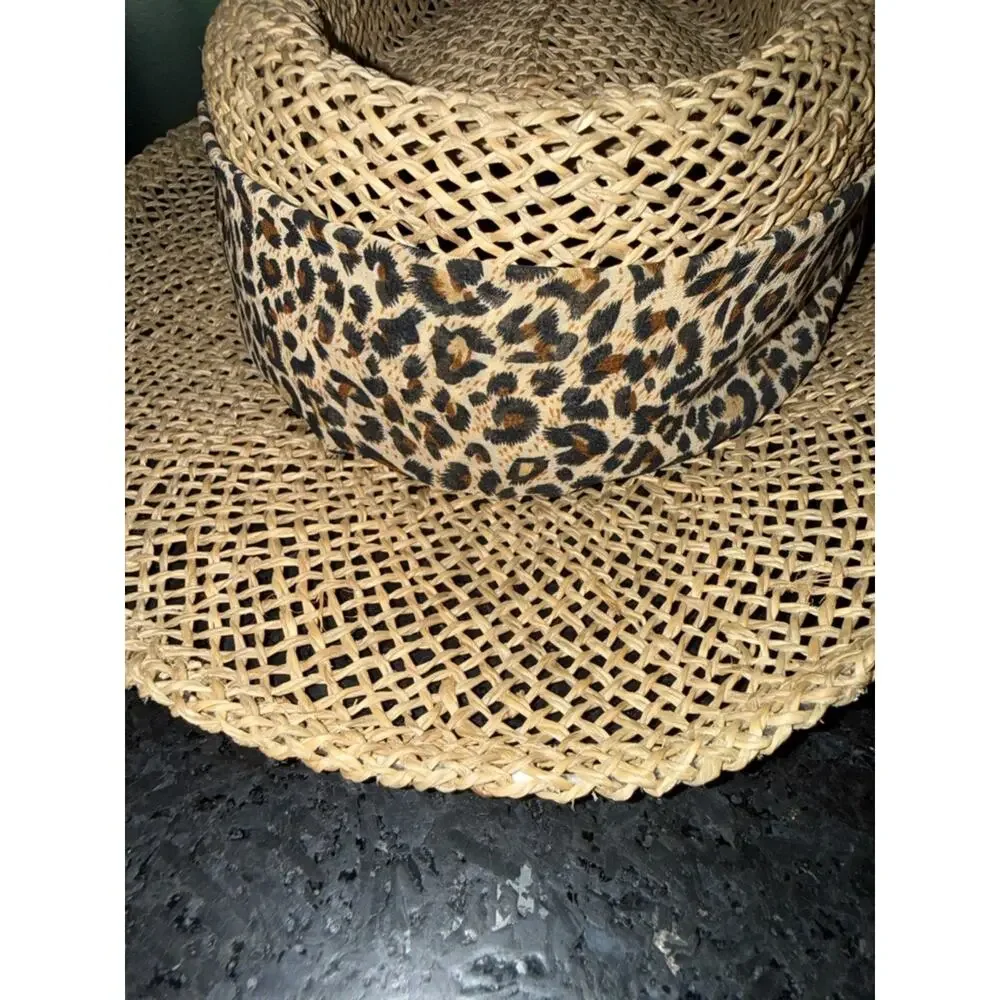 VINTAGE SCALA Natural seagrass straw gambler hat leopard print sash bow
